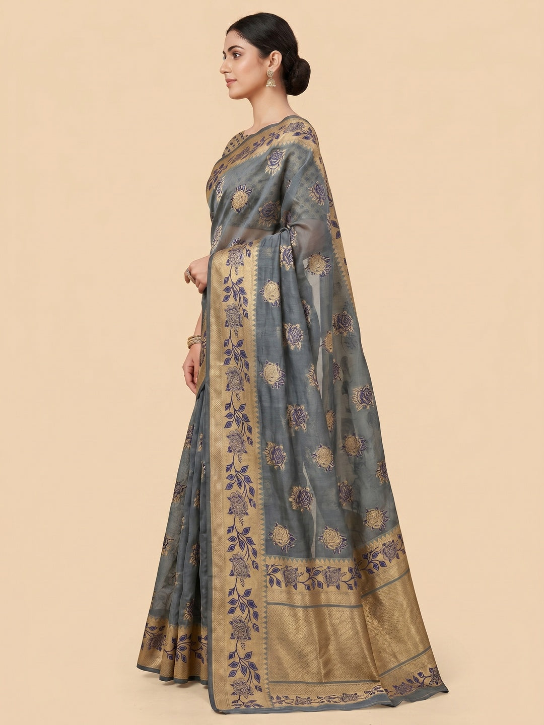 Grey Woven Organza Saree - Image 3