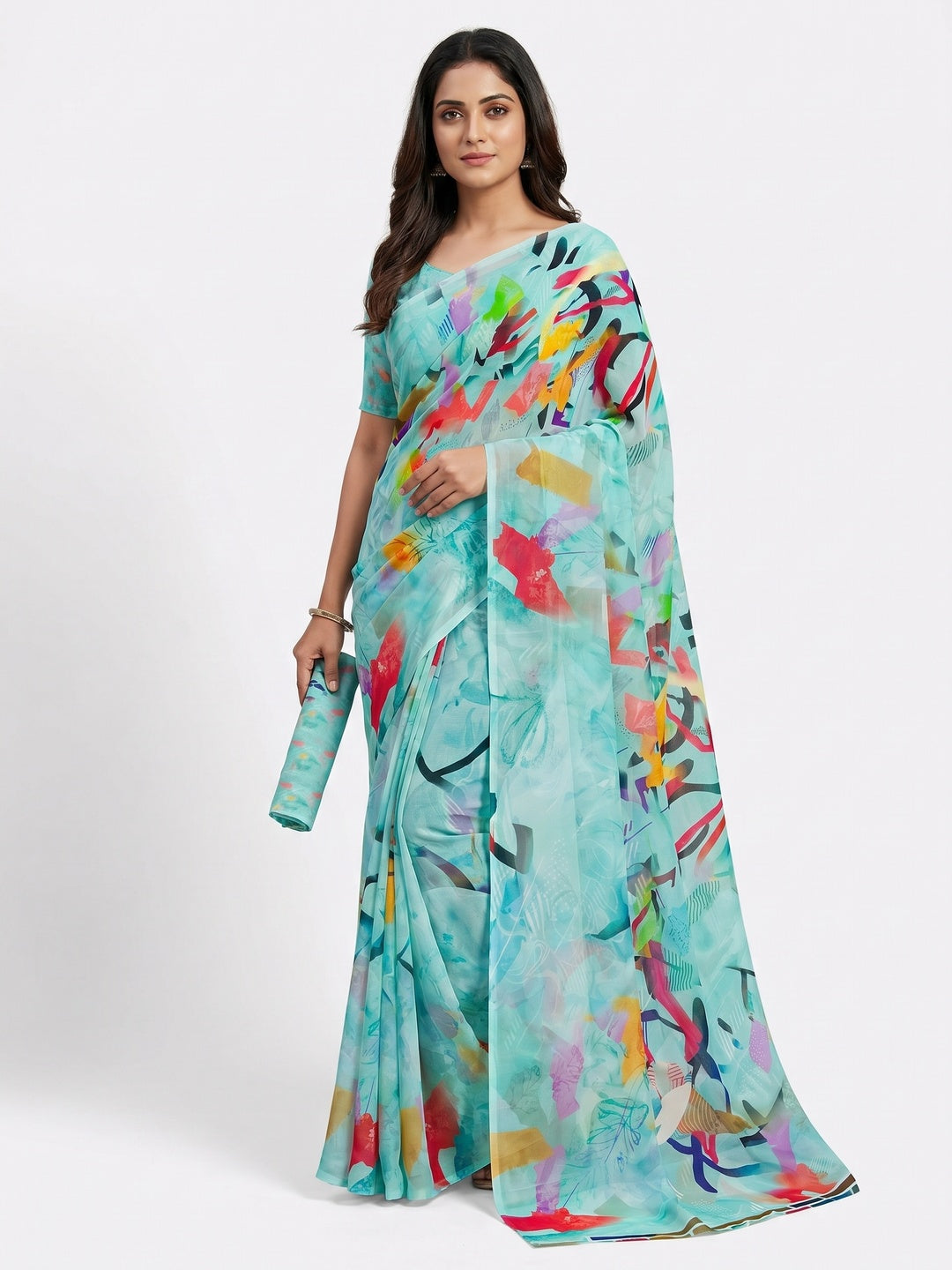 Blue Digital Printed Georgette Saree - Image 1