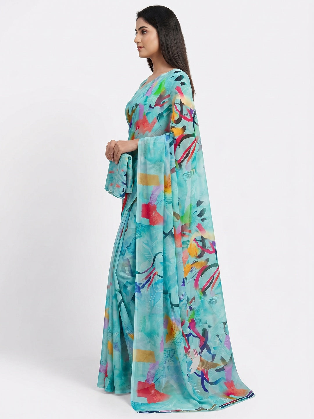 Blue Digital Printed Georgette Saree - Image 2