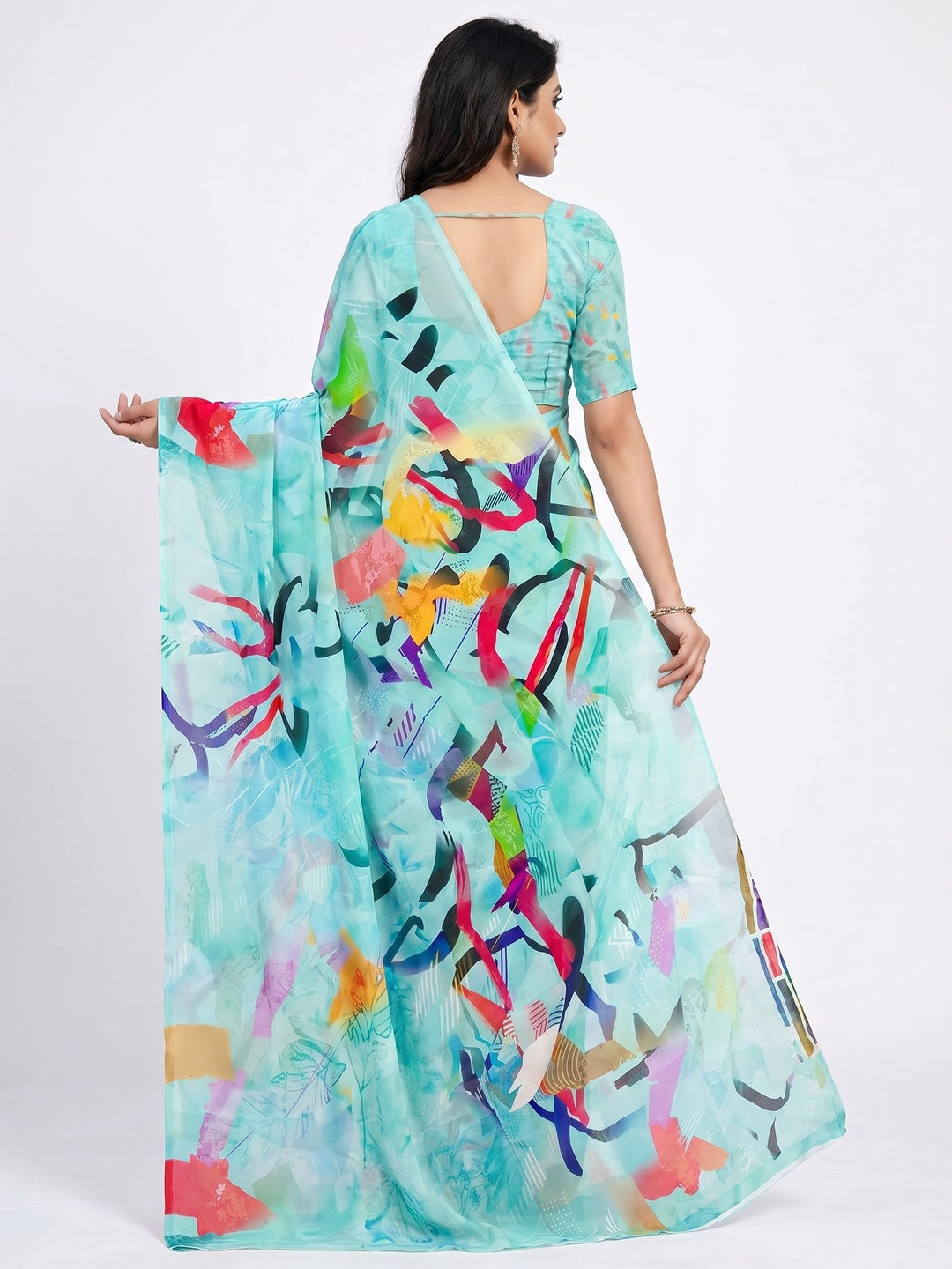 Blue Digital Printed Georgette Saree - Image 3
