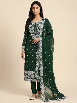 Green Floral Embroidered Georgette Dress Material - Image 1