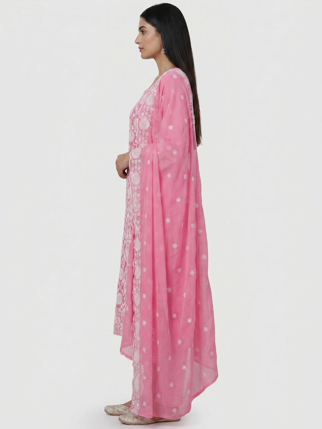 Pink Floral Embroidered Georgette Dress Material - Image 1