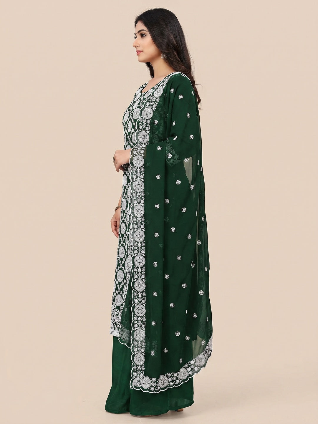 Green Floral Embroidered Georgette Dress Material - Image 2