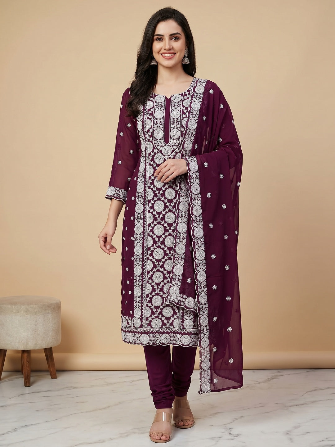 Wine Floral Embroidered Georgette Dress Material - Image 1