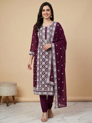 Wine Floral Embroidered Georgette Dress Material - Image 1