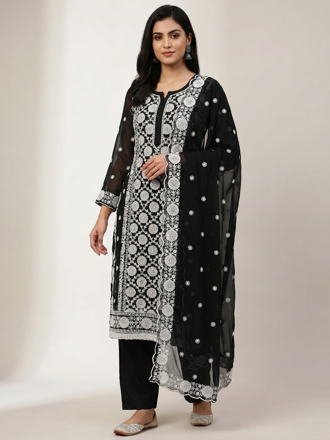 Black Floral Embroidered Georgette Dress Material - Image 1