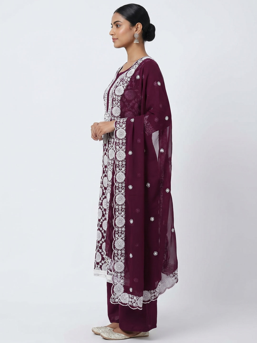 Wine Floral Embroidered Georgette Dress Material - Image 3