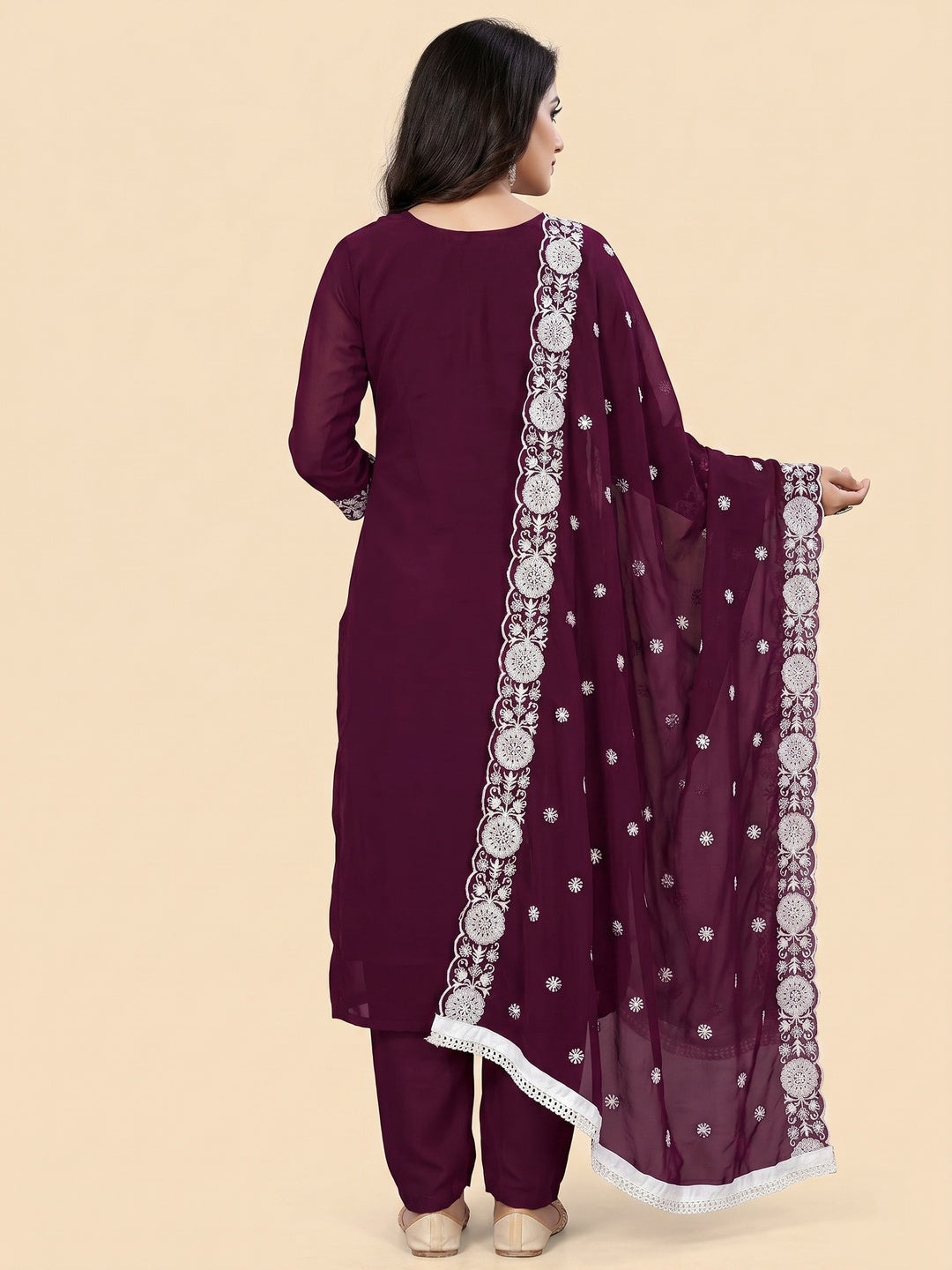 Wine Floral Embroidered Georgette Dress Material - Image 2