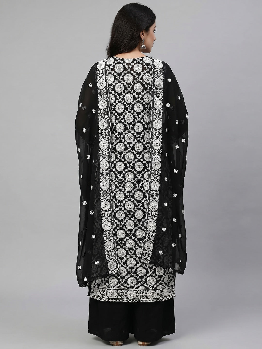 Black Floral Embroidered Georgette Dress Material - Image 2