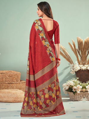 Red Printed Raw Silk Saree - Image 2