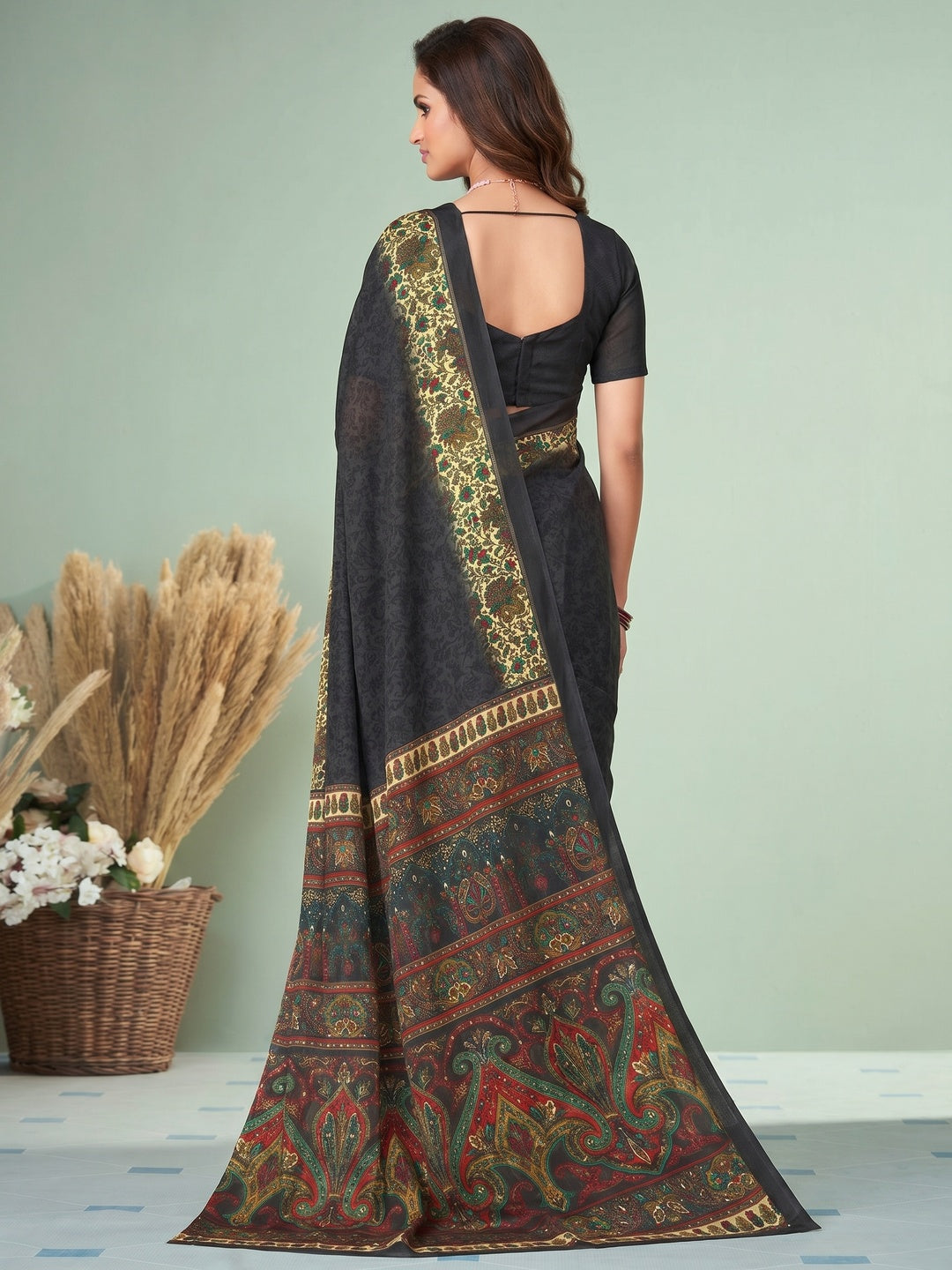 Black Printed Raw Silk Saree - Image 1