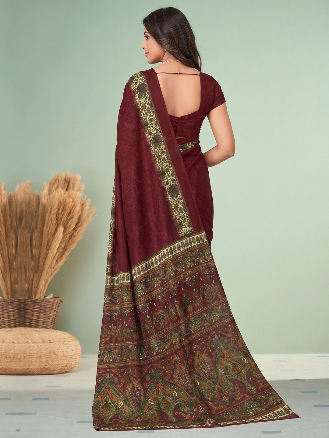 Maroon Printed Raw Silk Saree - Image 1