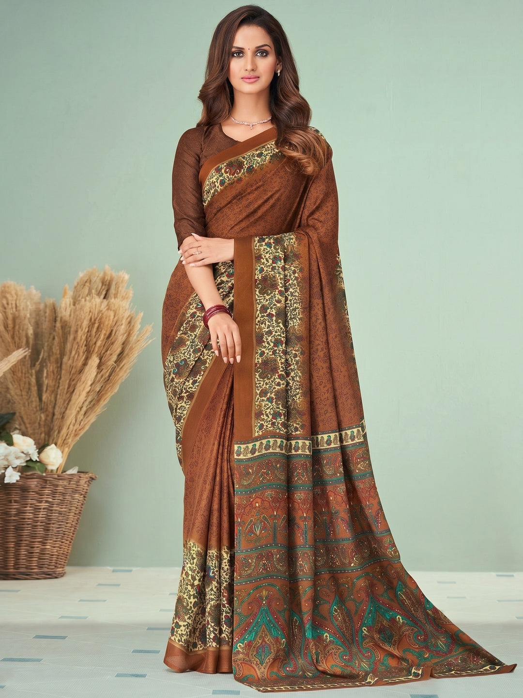 Brown Printed Raw Silk Saree - Image 1