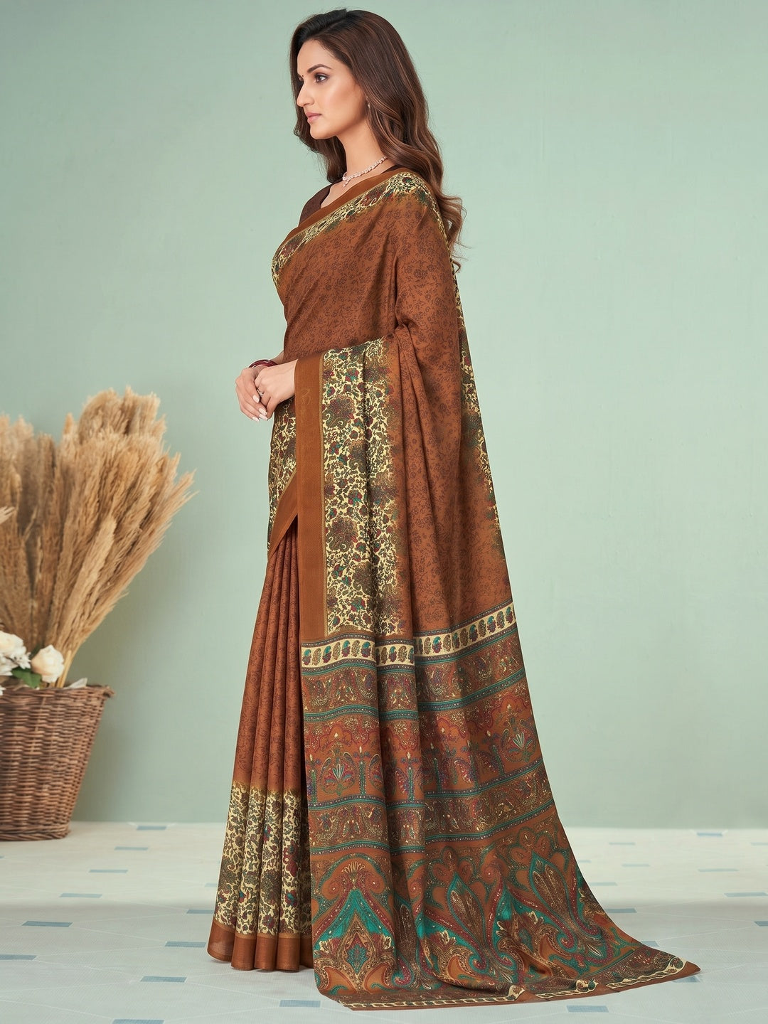 Brown Printed Raw Silk Saree - Image 3