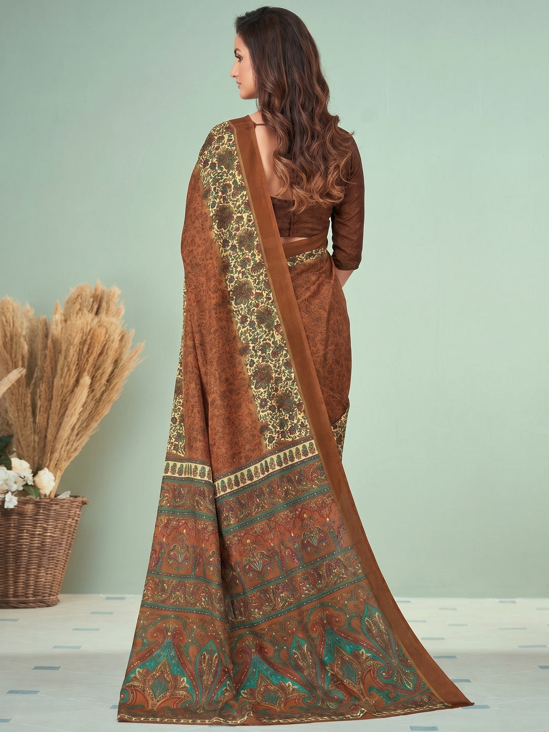 Brown Printed Raw Silk Saree - Image 2