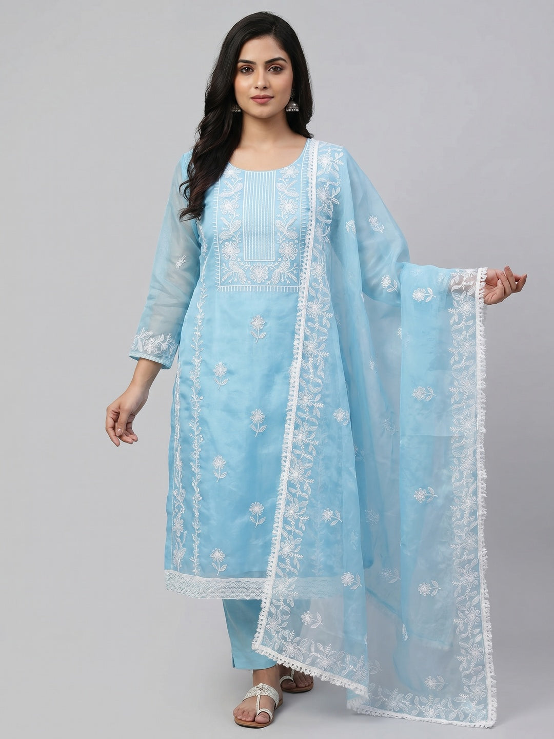 Blue Floral Embroidered Organza Dress Material - Image 1