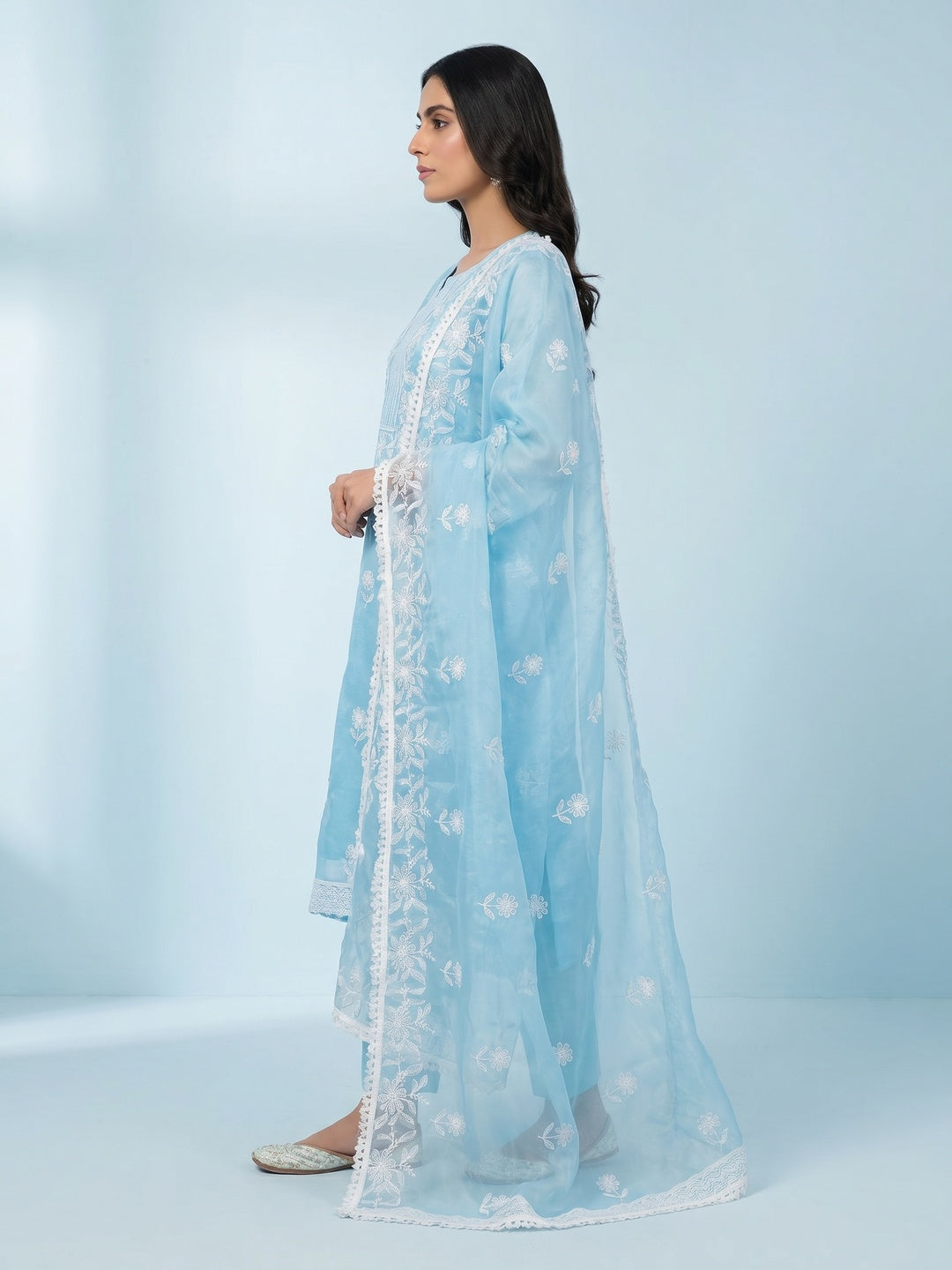 Blue Floral Embroidered Organza Dress Material - Image 3