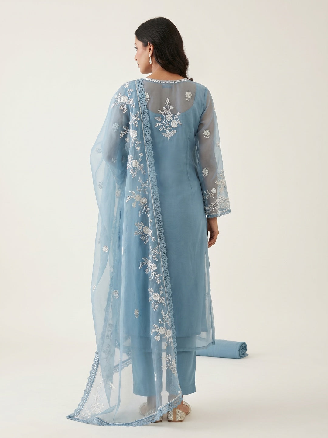 Blue Floral Embroidered Organza Dress Material - Image 2