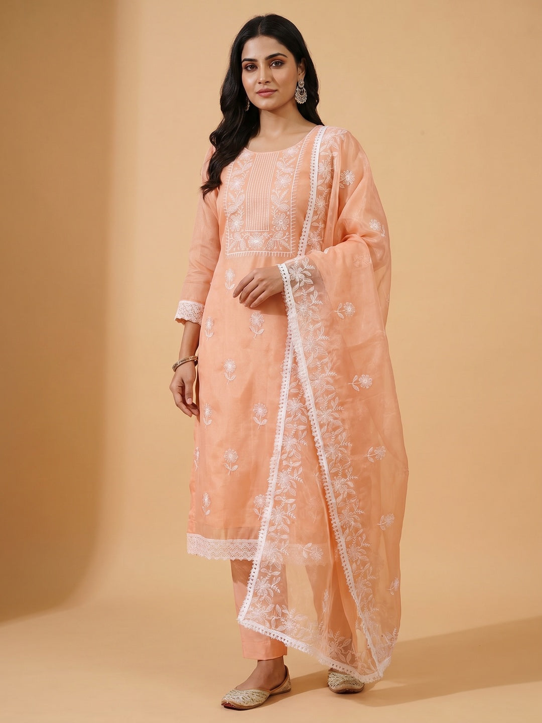 Peach Floral Embroidered Organza Dress Material - Image 1