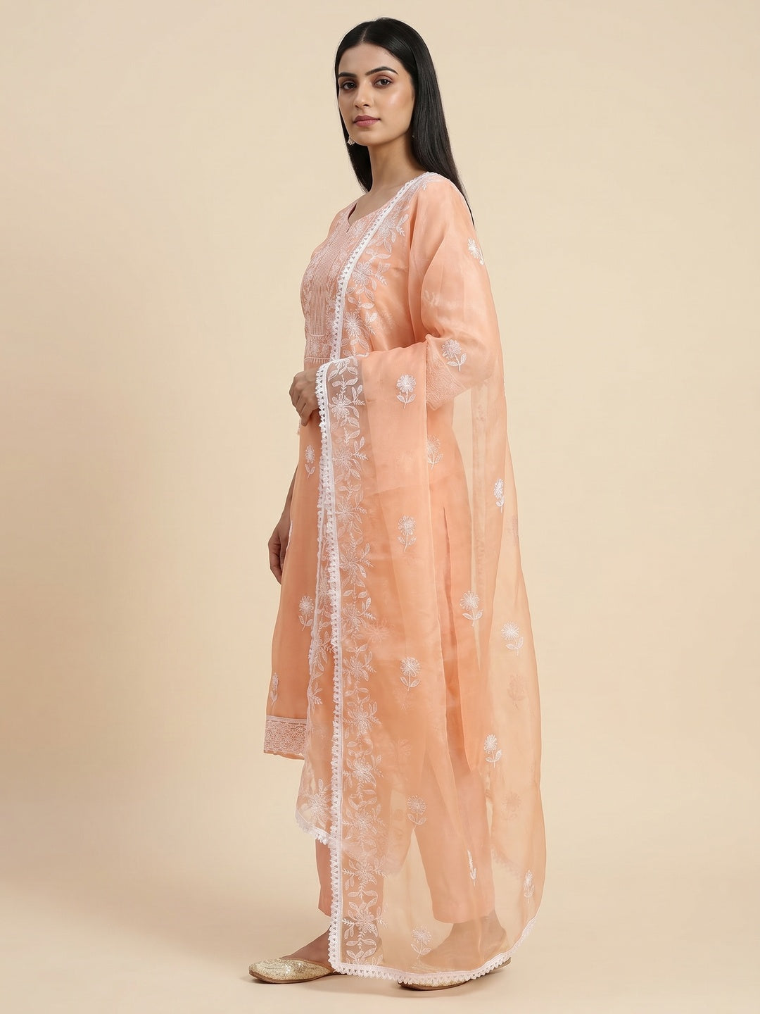 Peach Floral Embroidered Organza Dress Material - Image 2
