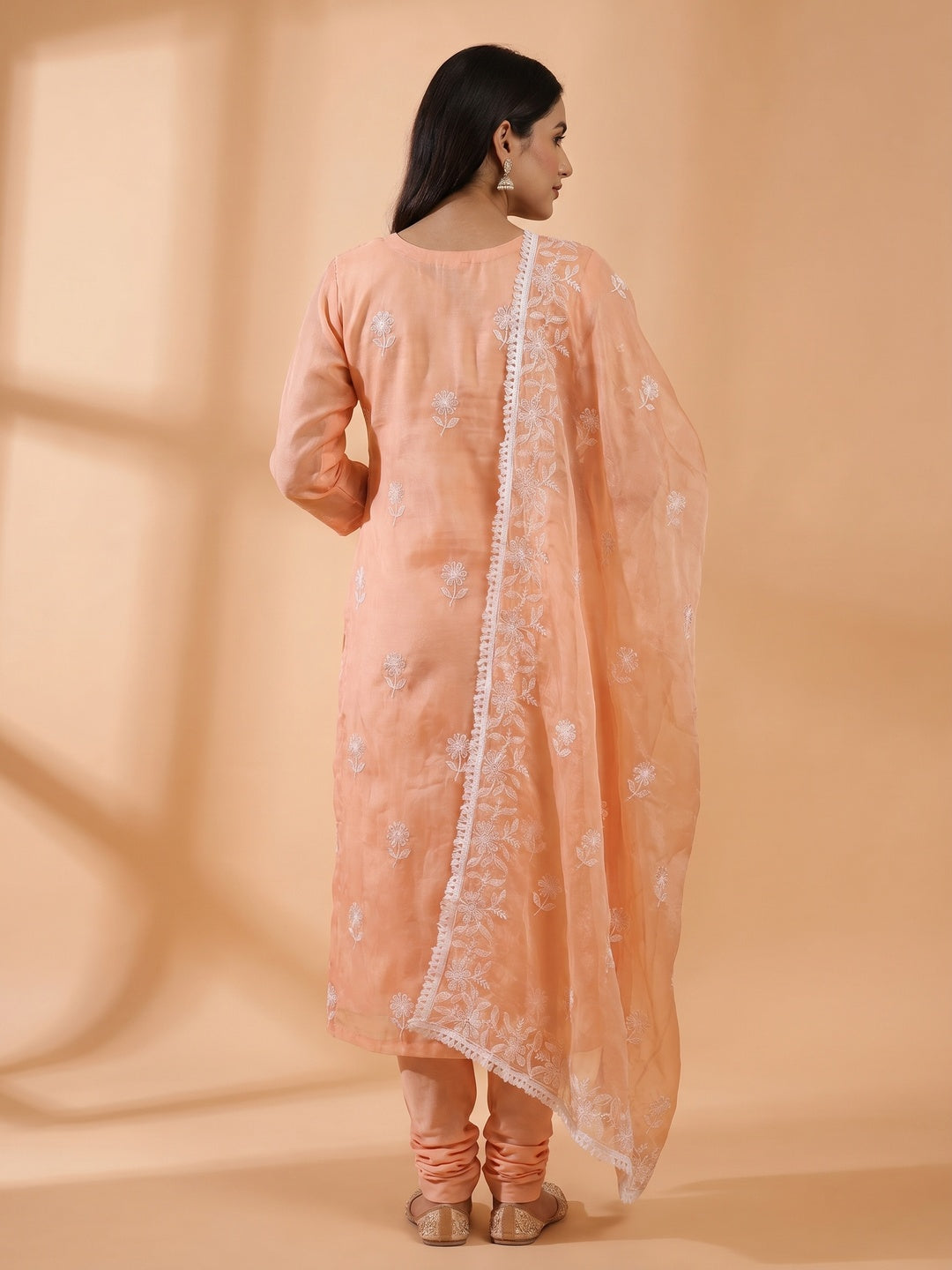 Peach Floral Embroidered Organza Dress Material - Image 3