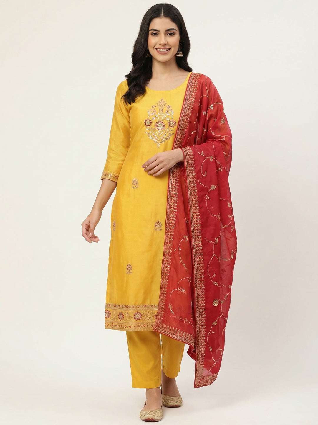Yellow Sequins Floral Embroidered Chanderi Dress Material - Image 1