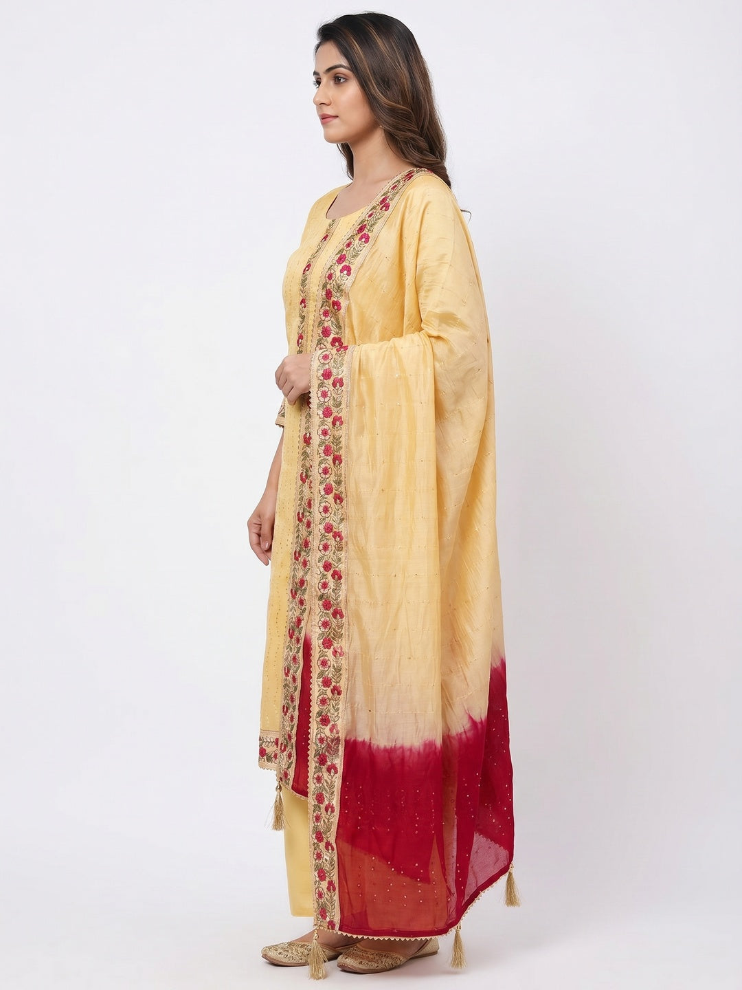 Yellow Sequins Floral Embroidered Chanderi Dress Material - Image 2
