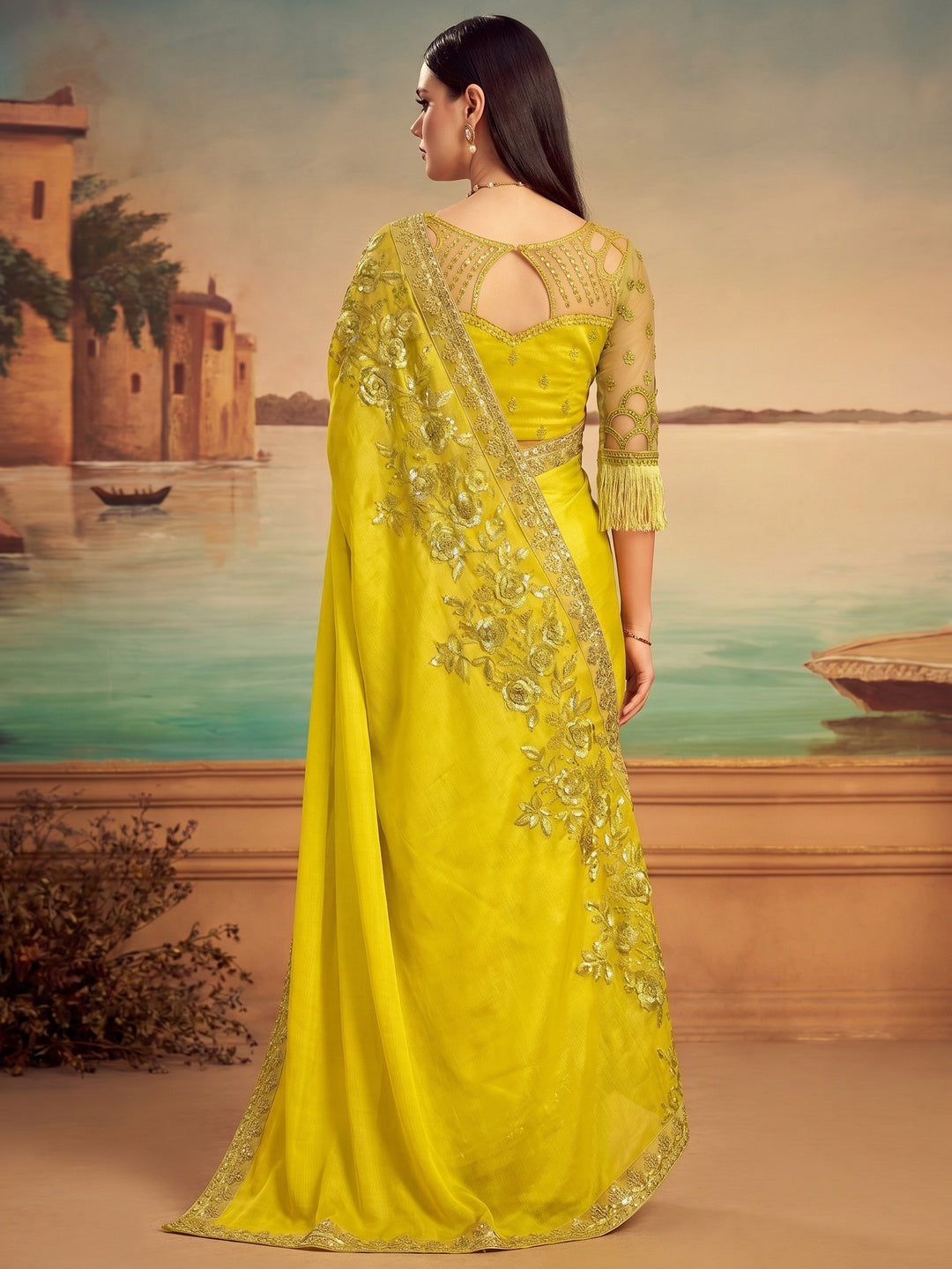 Lemon Green Floral Sequins Embroidered Art Silk Saree - Image 2