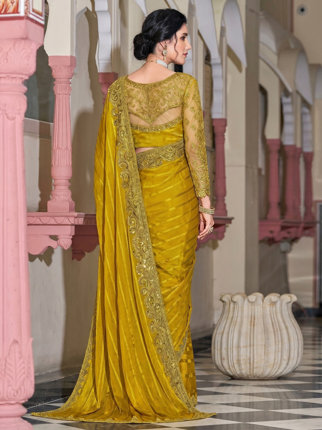Golden Floral Sequins Embroidered Art Silk Saree - Image 1