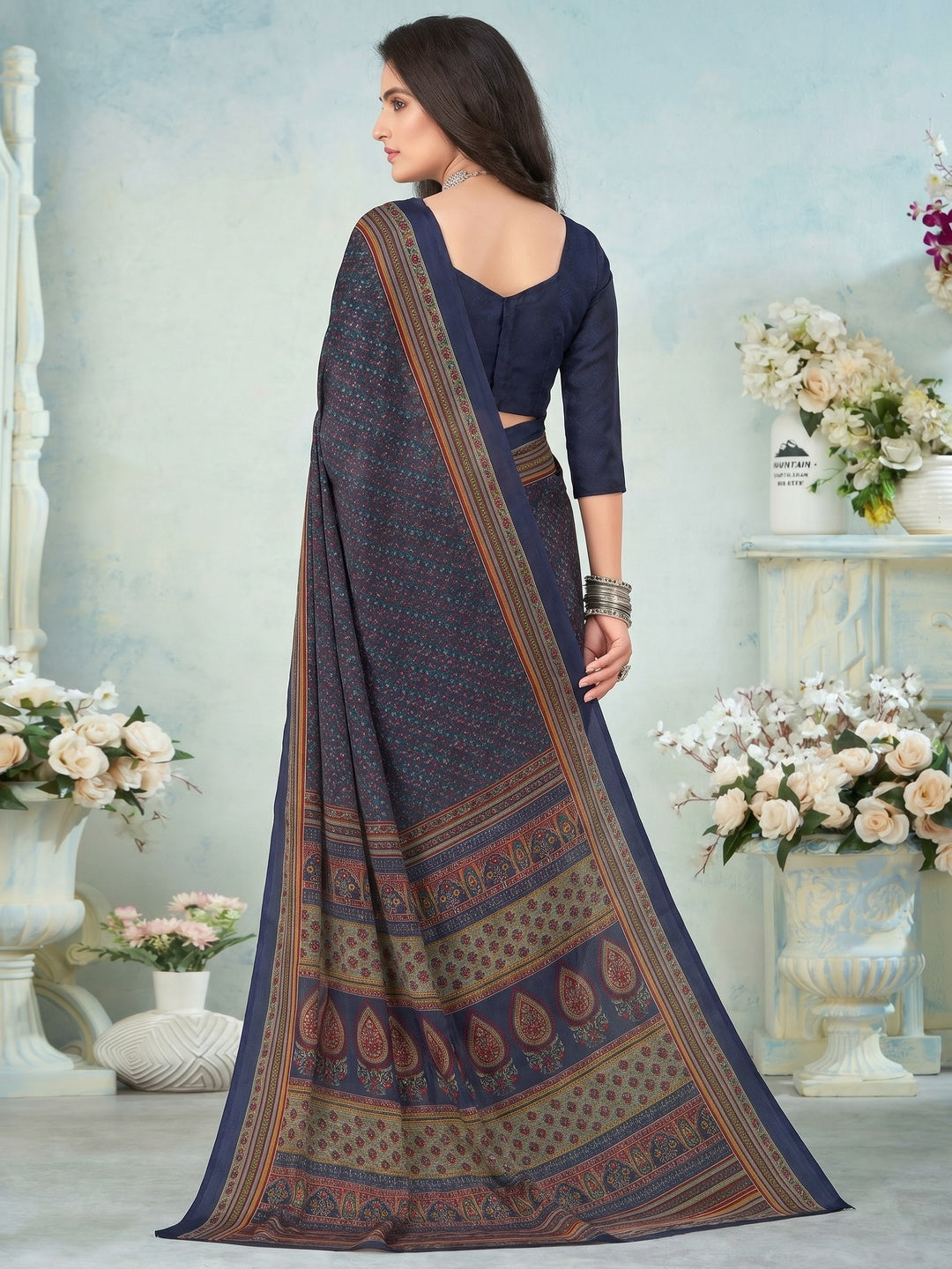 Navy Blue Printed Raw Silk Saree - Image 1