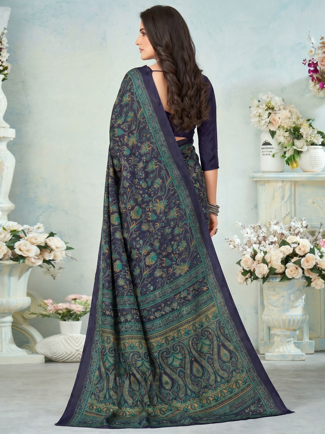 Navy Blue Printed Raw Silk Saree - Image 1