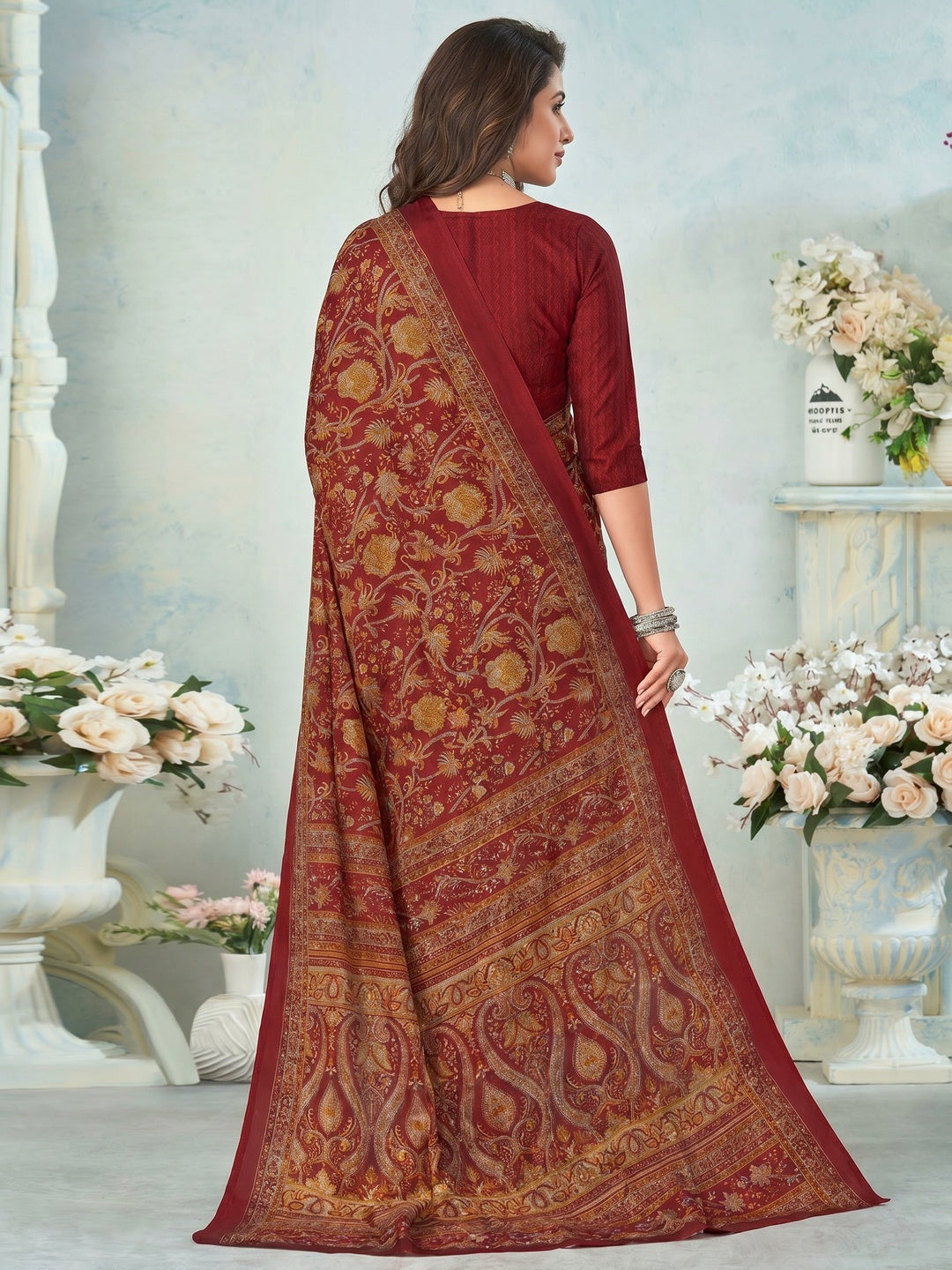 Maroon Printed Raw Silk Saree - Image 1