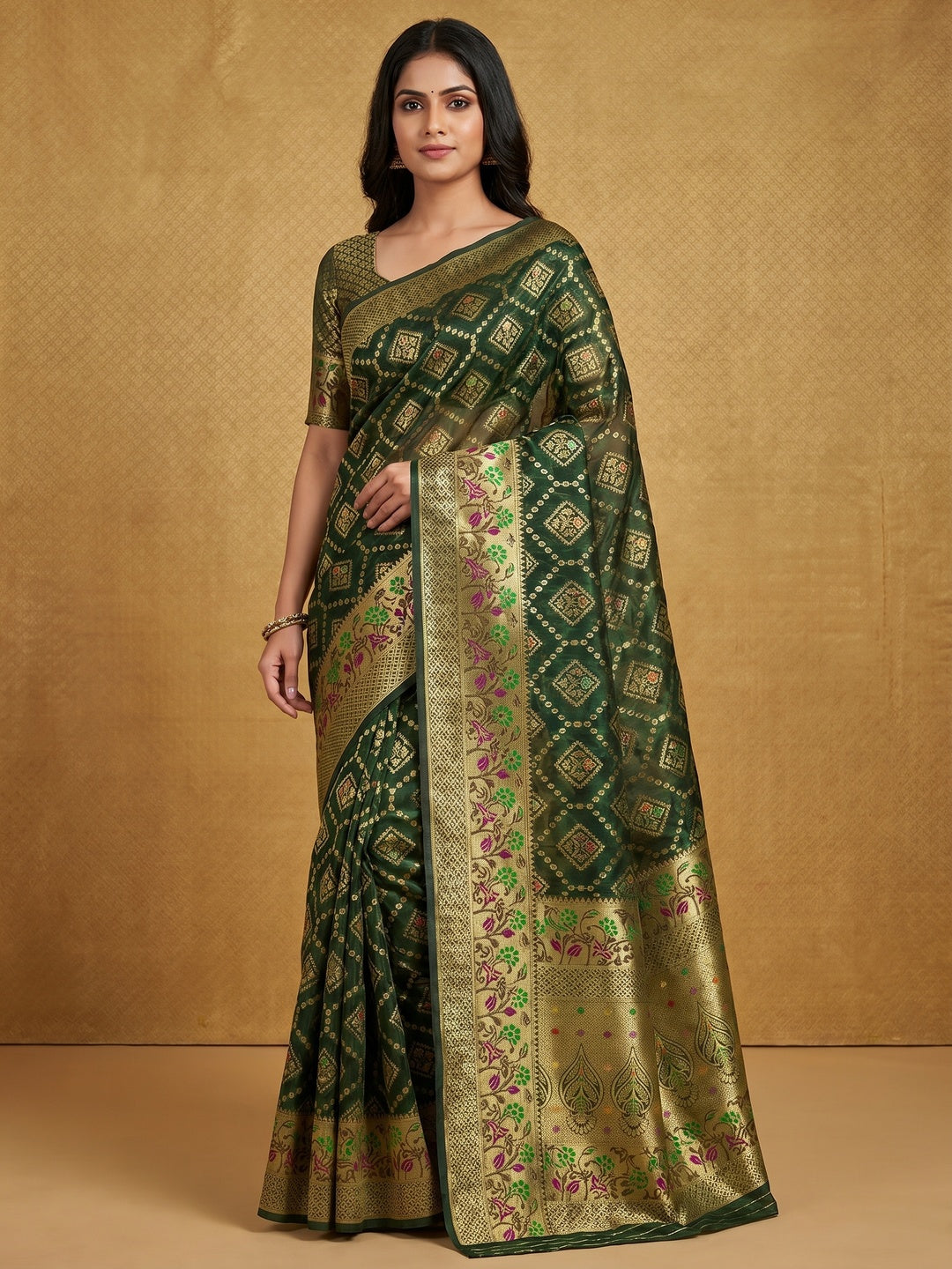 Green Woven Organza Saree - Image 1