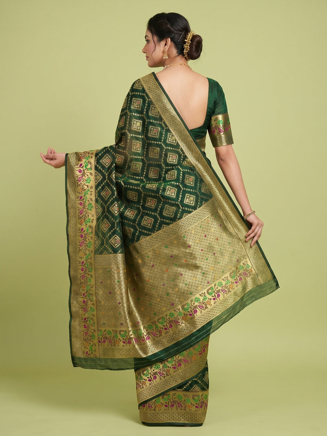 Green Woven Organza Saree - Image 3