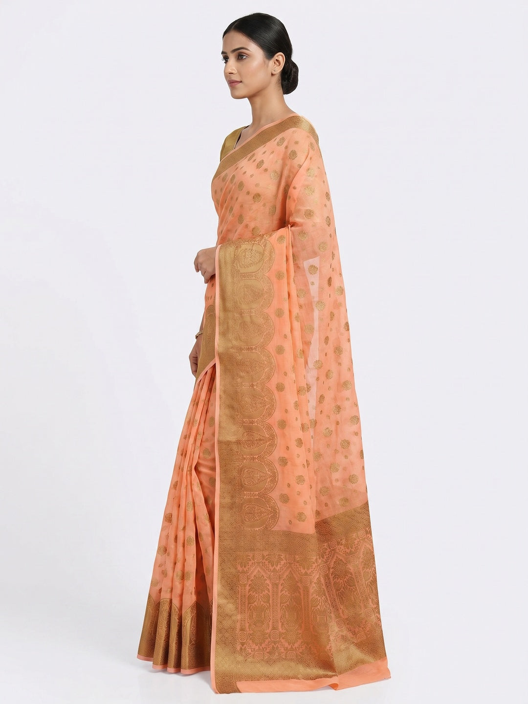 Peach Woven Cotton Blend Saree - Image 3