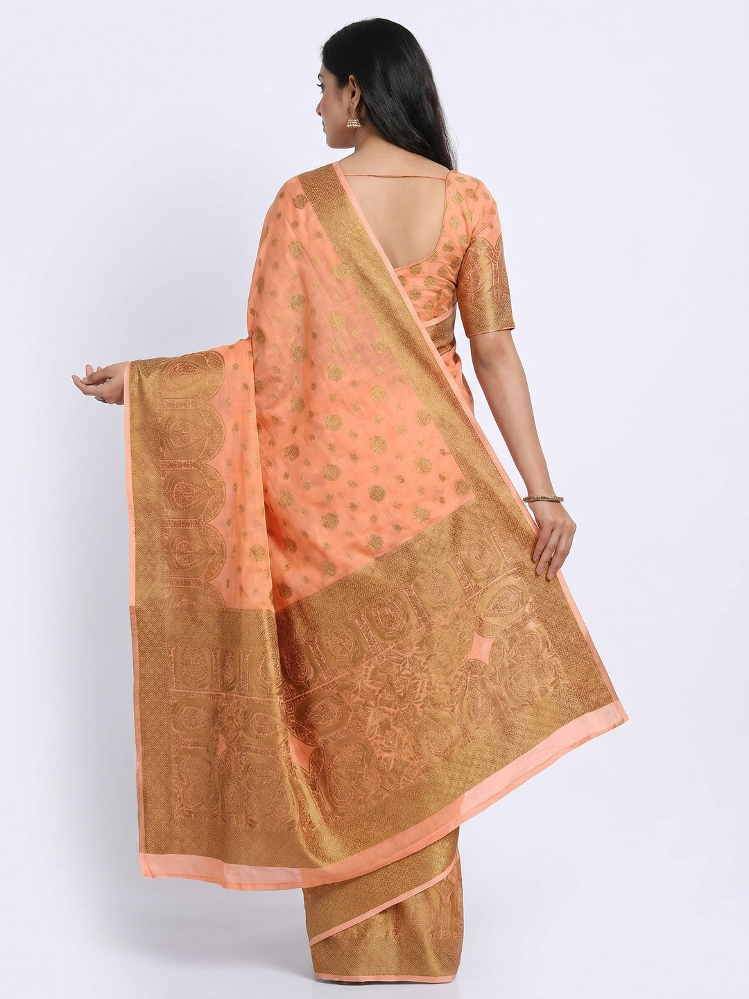 Peach Woven Cotton Blend Saree - Image 2