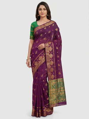 Purple Woven Cotton Blend Saree - Image 1