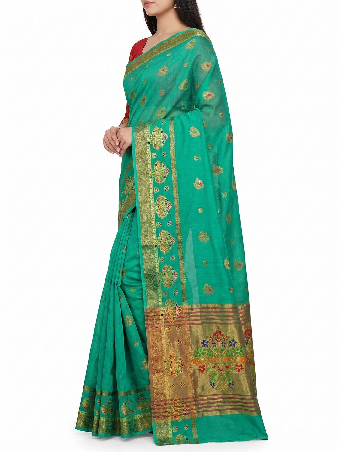 Turquoise Green Woven Cotton Blend Saree - Image 3