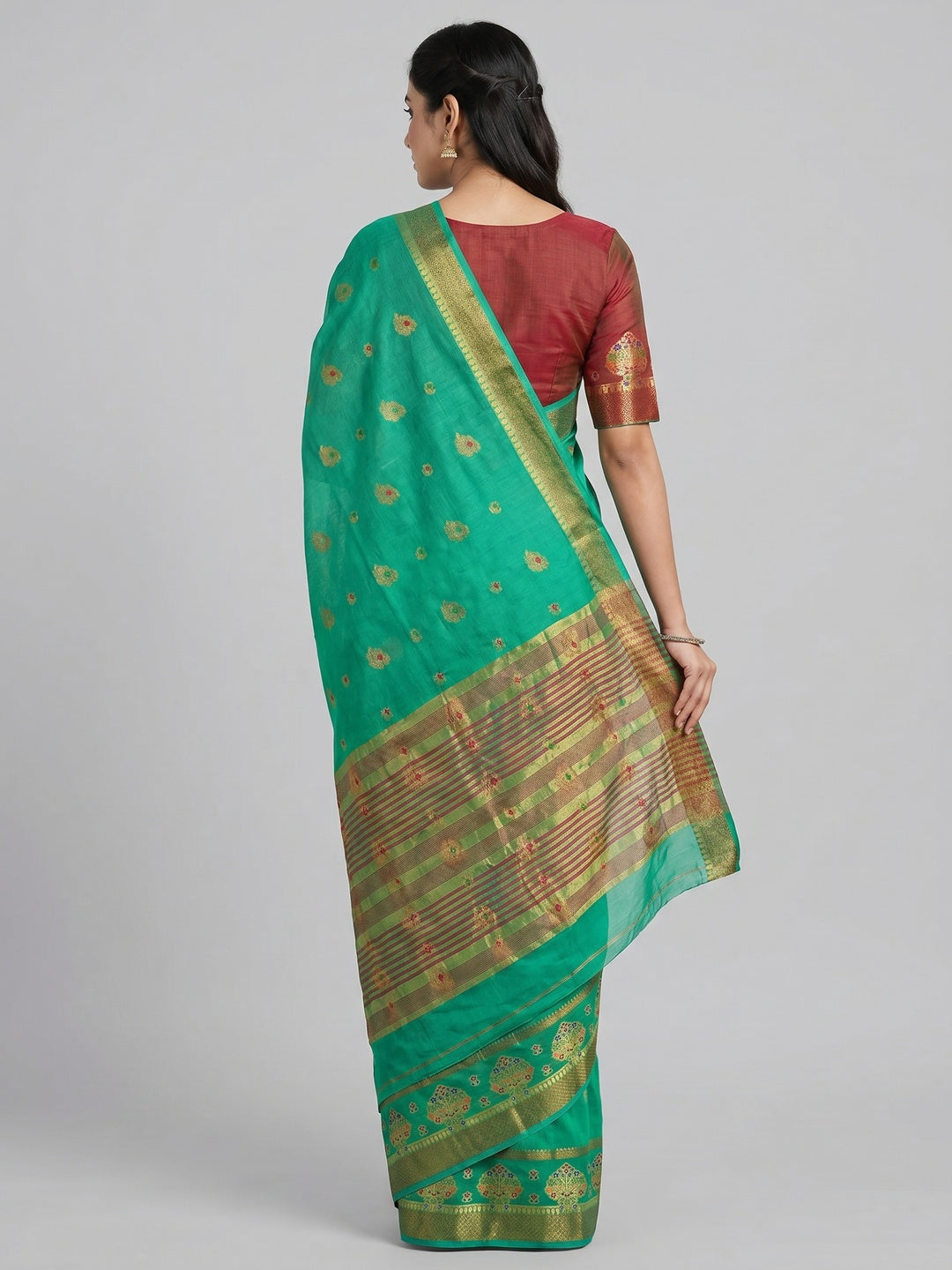Turquoise Green Woven Cotton Blend Saree - Image 2