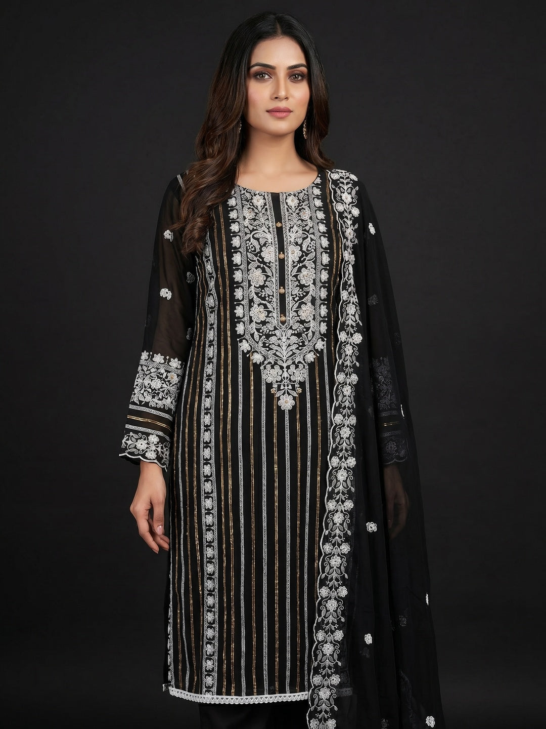 Black Floral Embroidered Georgette Dress Material - Image 1