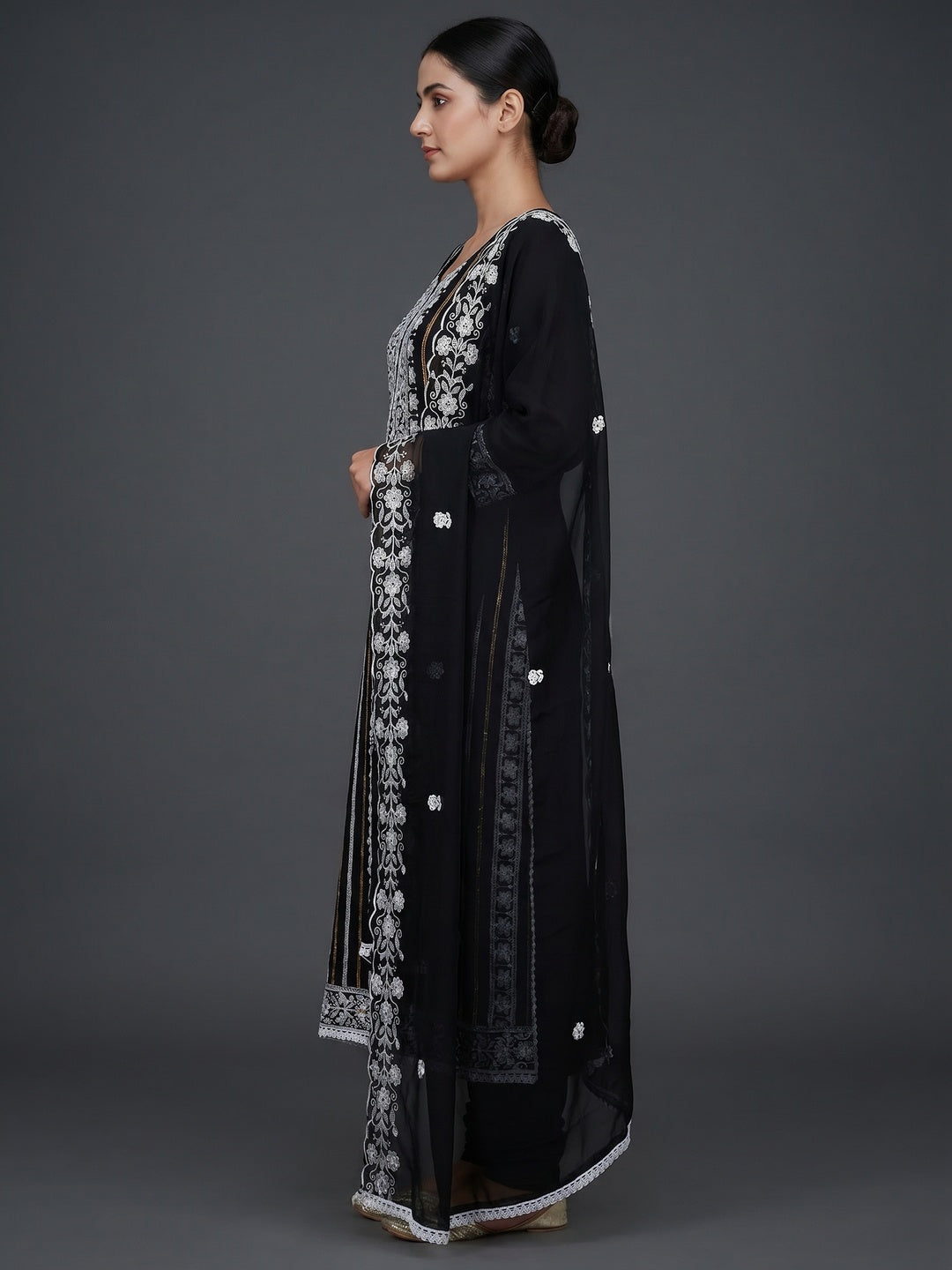 Black Floral Embroidered Georgette Dress Material - Image 3