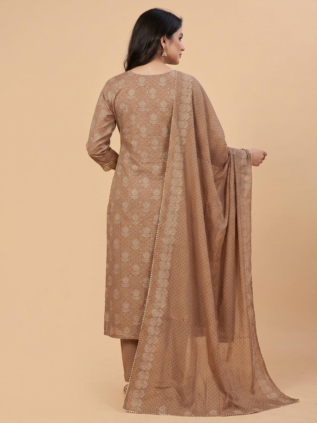 Brown Printed With Embellished Pure Cotton Dress Material - Image 3