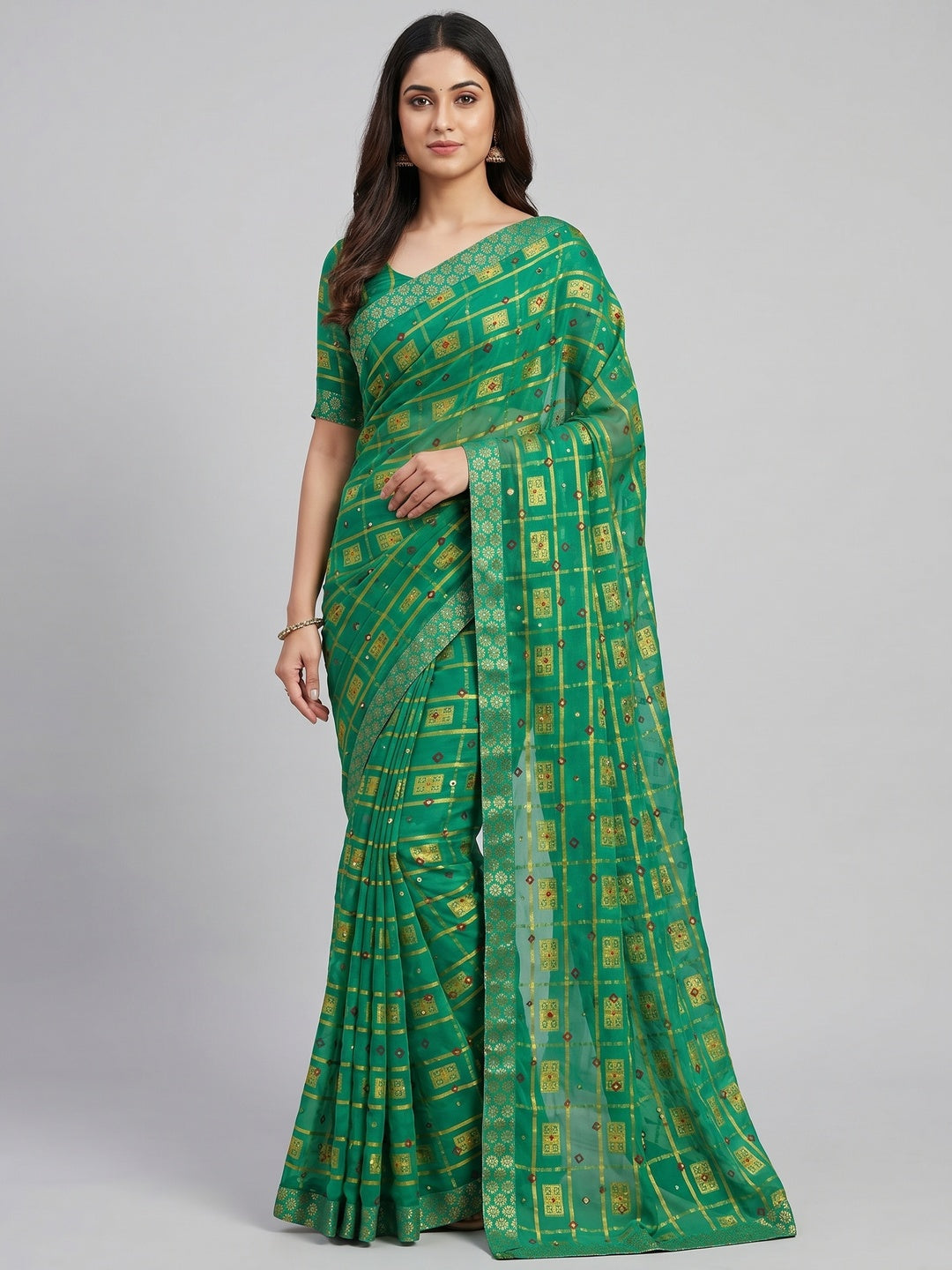 Green Woven With Embellished Chiffon Saree - Image 1