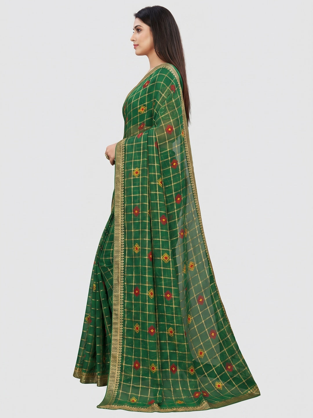 Green Woven With Embellished Chiffon Saree - Image 2