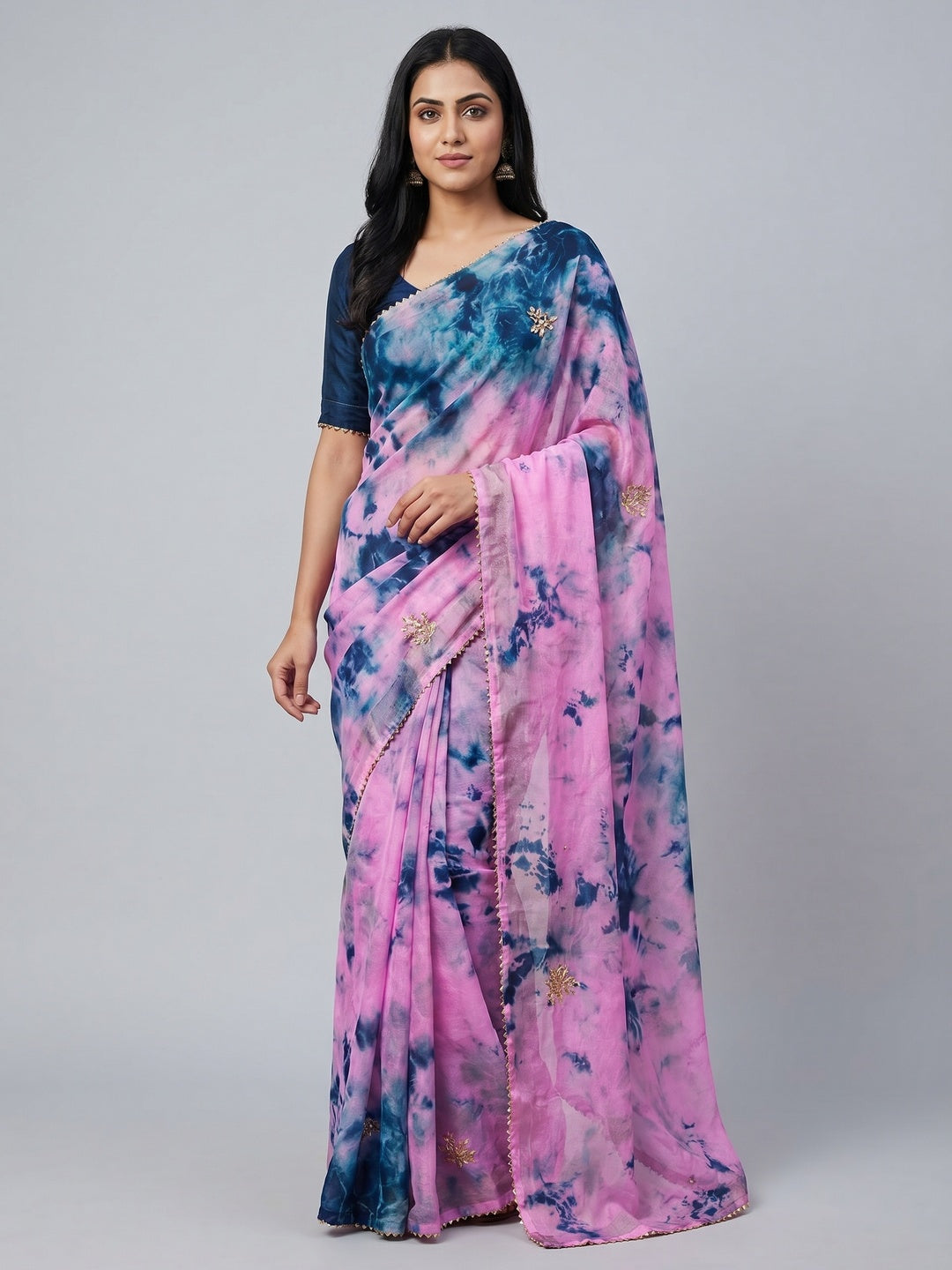 Dark Pink Printed Chiffon Saree - Image 1