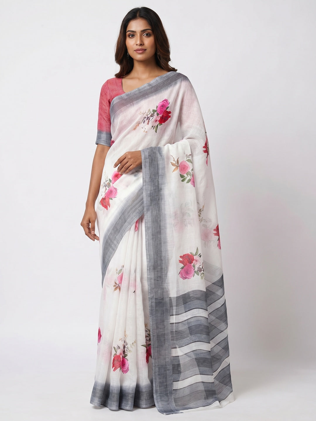 White Digital Printed Linen Saree - Image 1