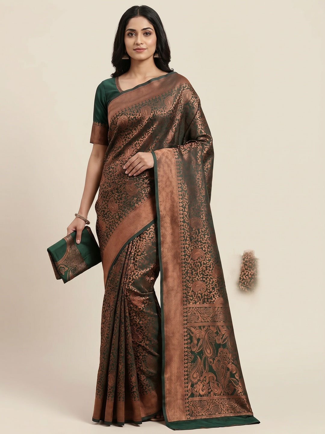 Dark Rama Woven Jacquard Saree - Image 1