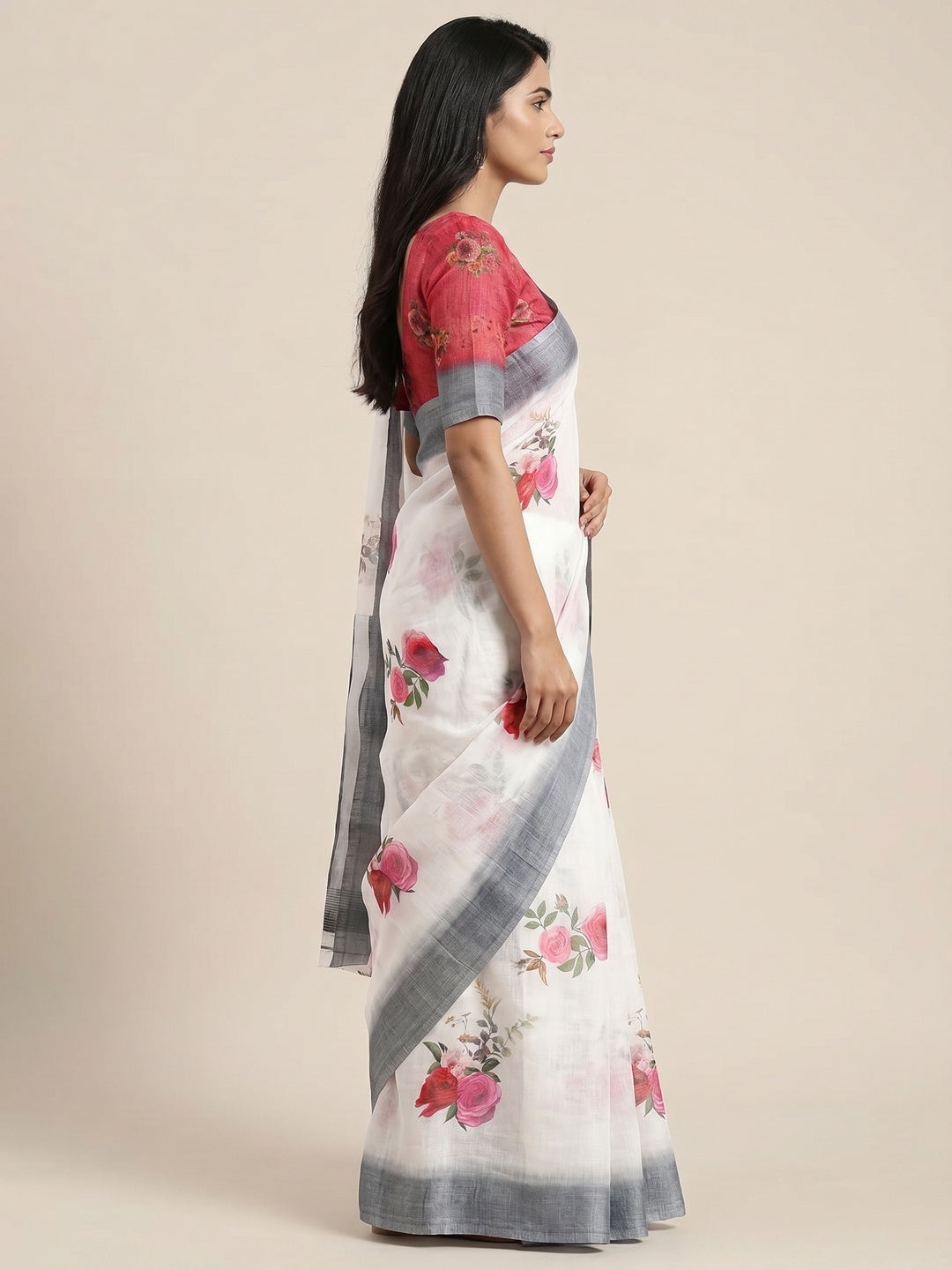 White Digital Printed Linen Saree - Image 2