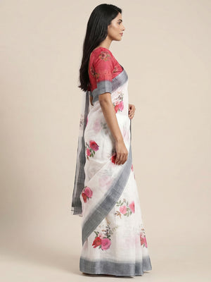 White Digital Printed Linen Saree - Image 2