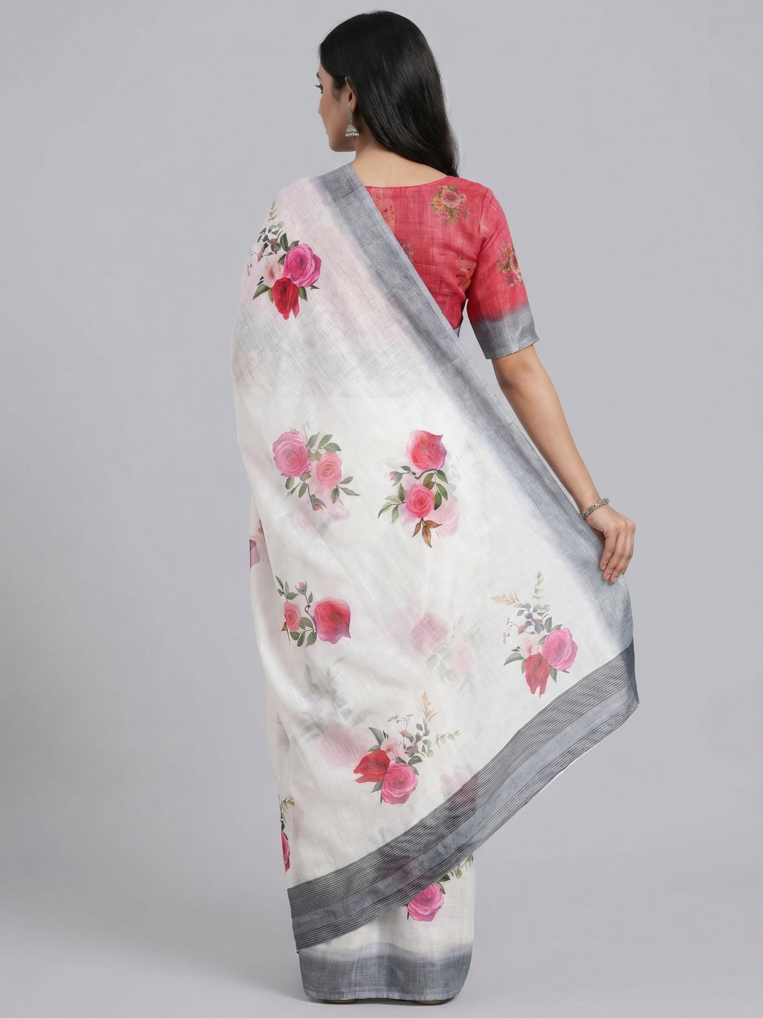 White Digital Printed Linen Saree - Image 3